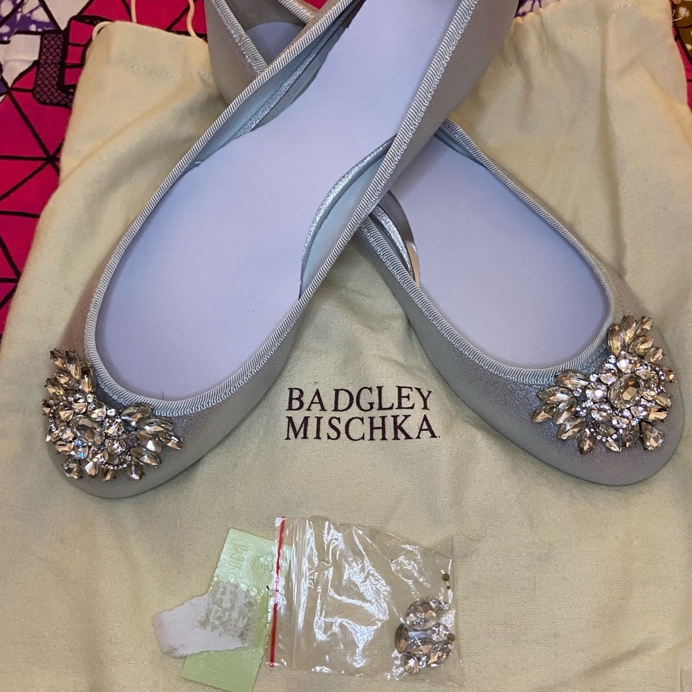 Badgley Mischka Silver Jeweled Flats